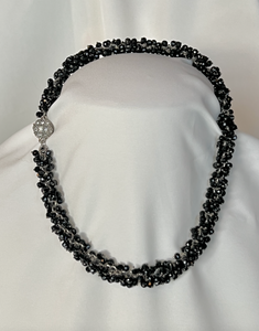 Thick clustered black glass necklace round rhinestone clasp RENTAL