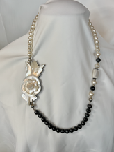 Load image into Gallery viewer, Large carved mother of pearl, bakelite beads &amp; pearl necklace RENTAL
