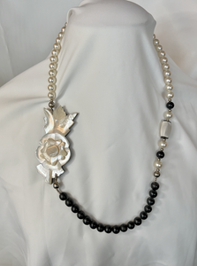 Large carved mother of pearl, bakelite beads & pearl necklace RENTAL