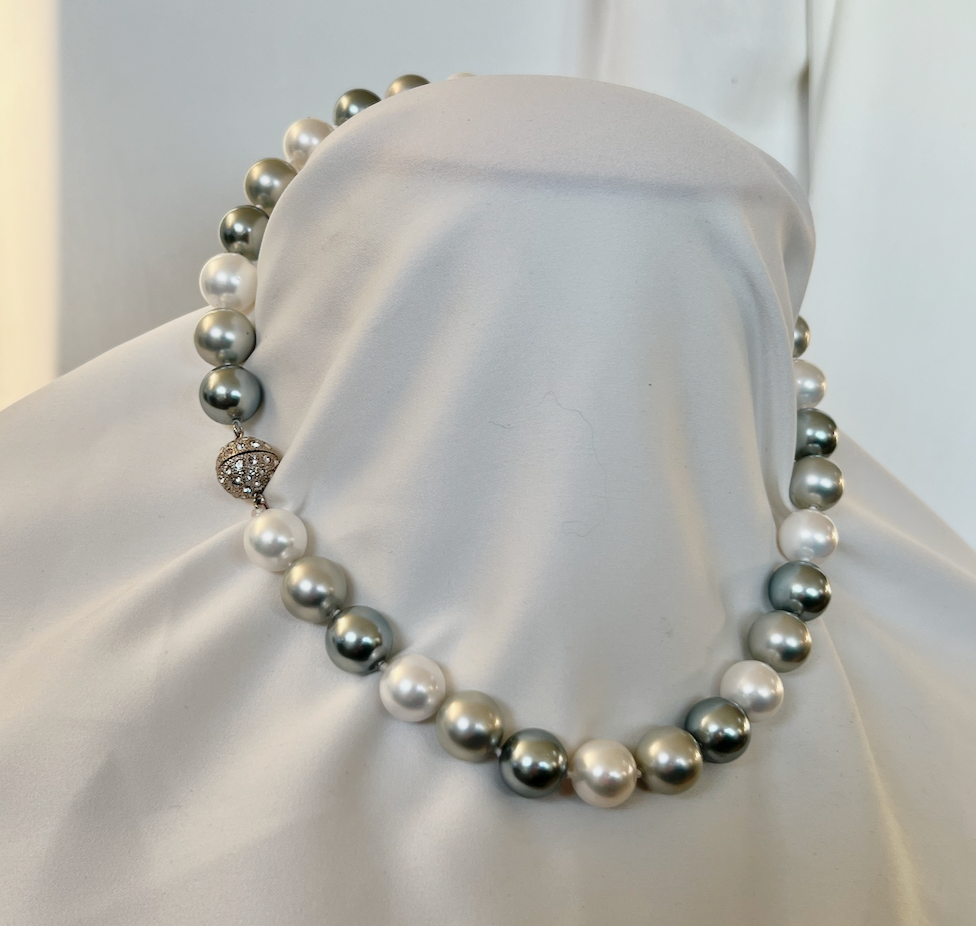 White, grey, silver oversized pearls rhinestone globe clasp necklace RENTAL