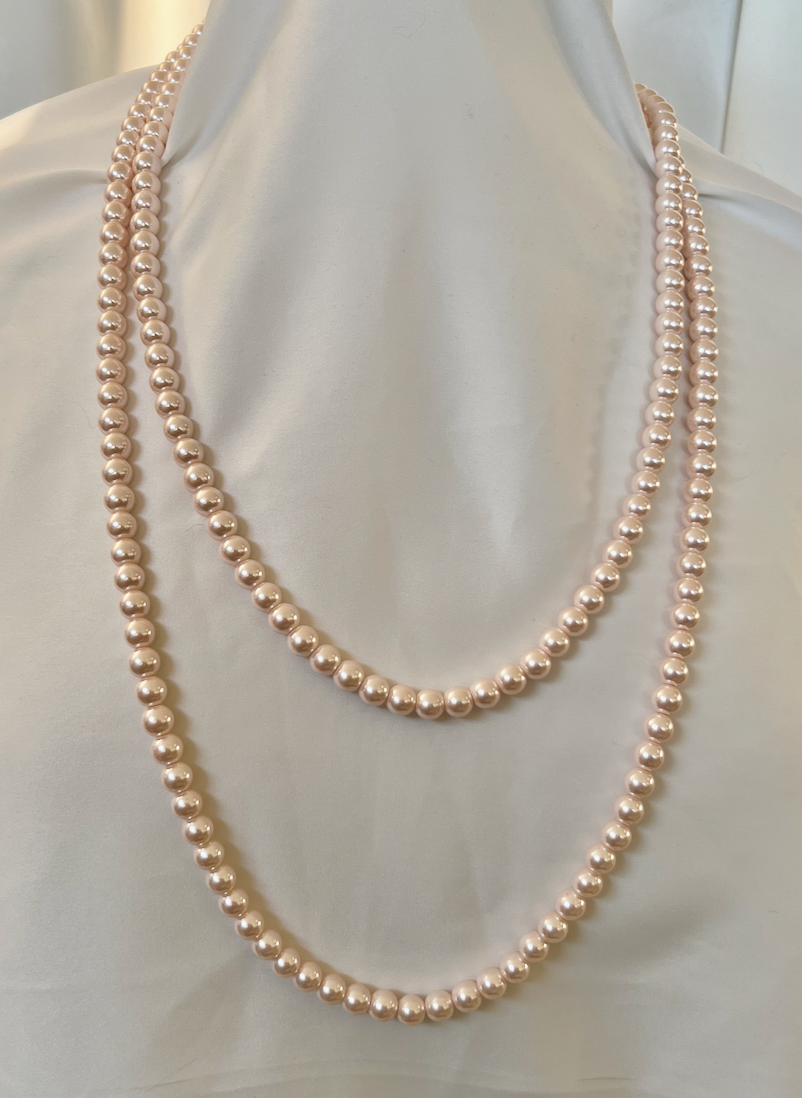 Long nude pink glass pearl necklace, 60