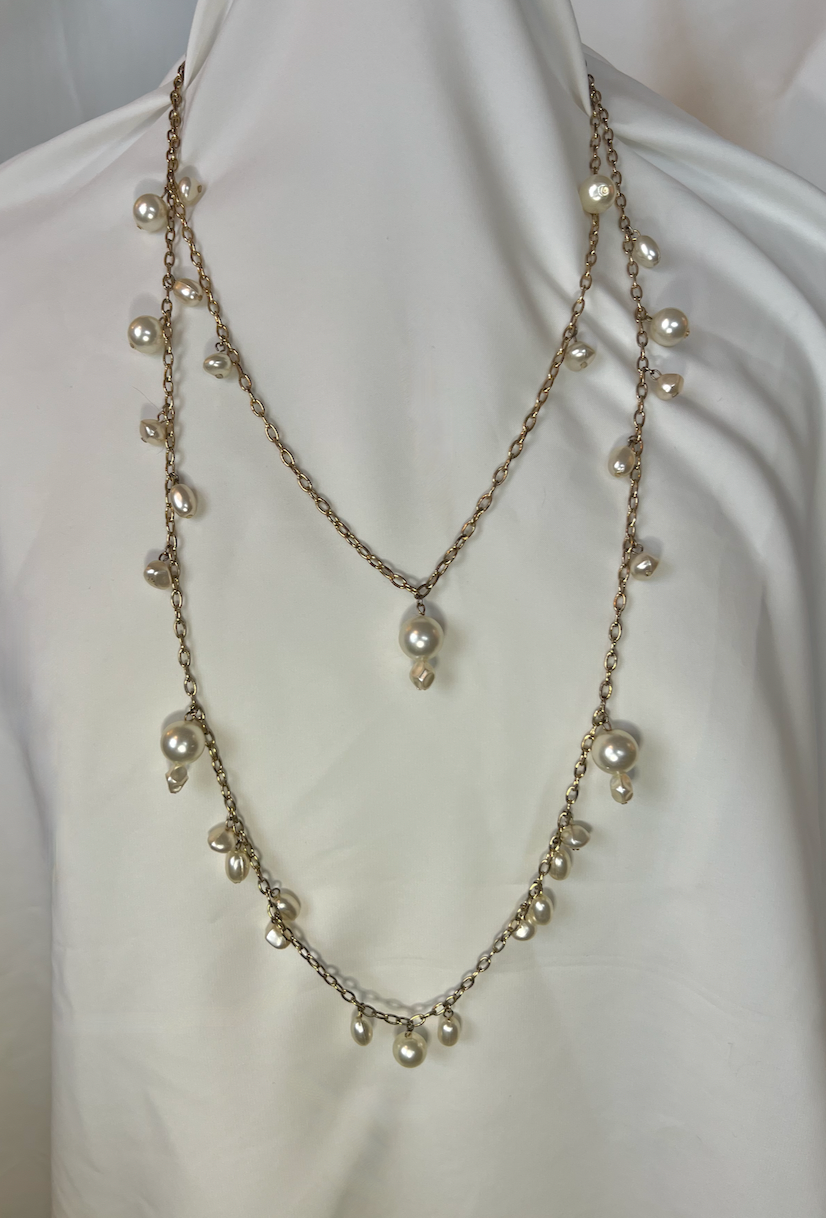 Double chain pearl drop on upper pearl drops along bottom necklace RENTAL