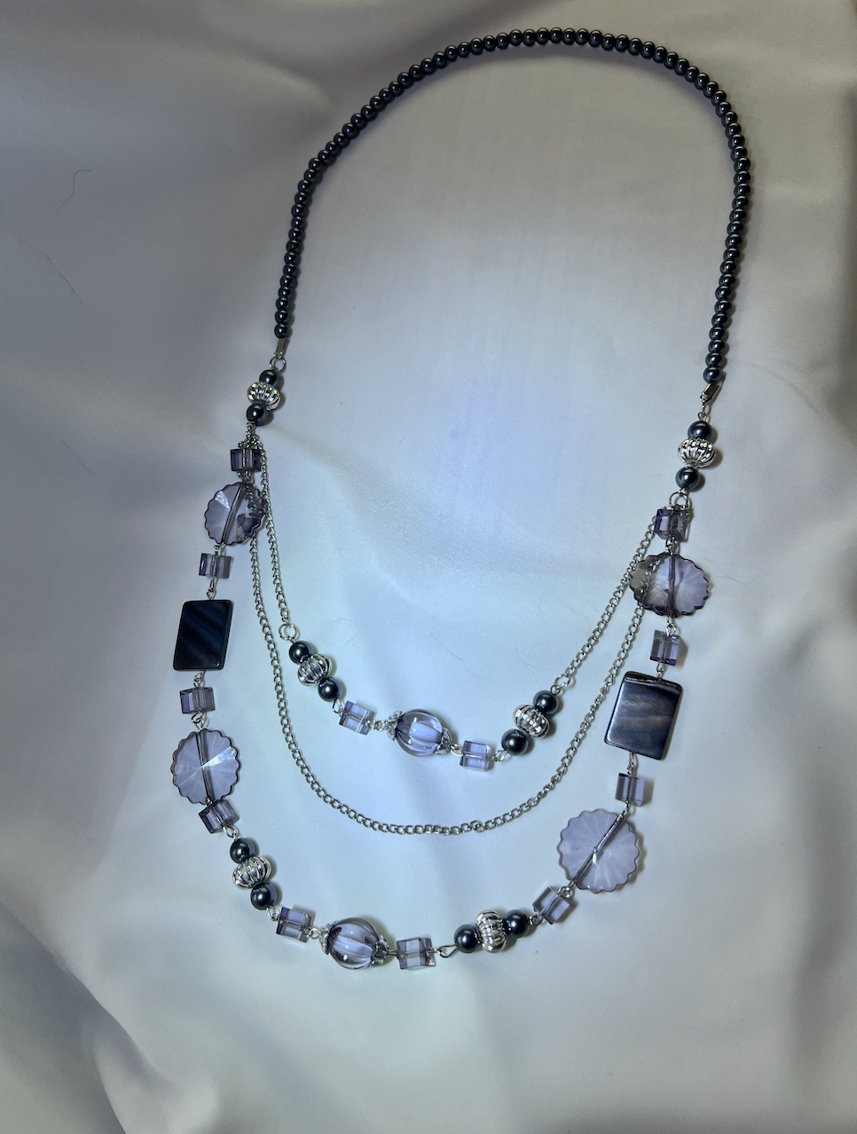 Long 3 layer grey w/ purples on the pearl glass tiered necklace RENTAL