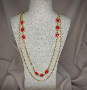 Gold double strand rope chain with pops of red 30" necklace RENTAL