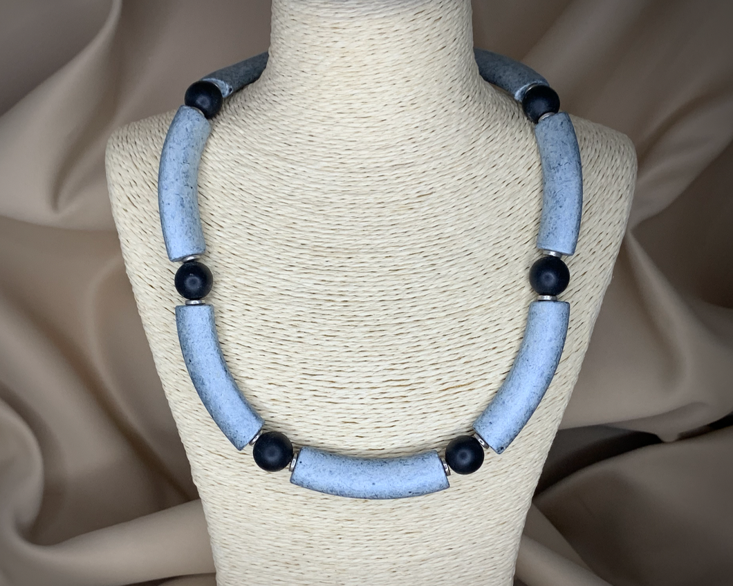 Long matte silver metal beads & black circle necklace RENTAL