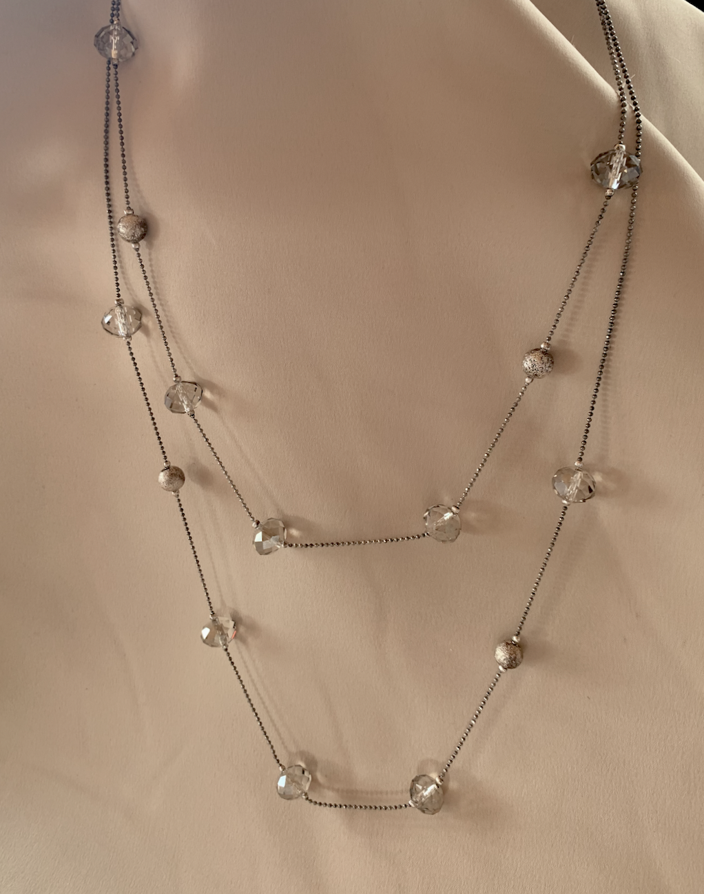 Crystal beads set on double strand silver chain necklace RENTAL