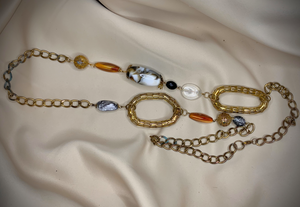 Warm metal & polished stone long necklace Gold 43" RENTAL