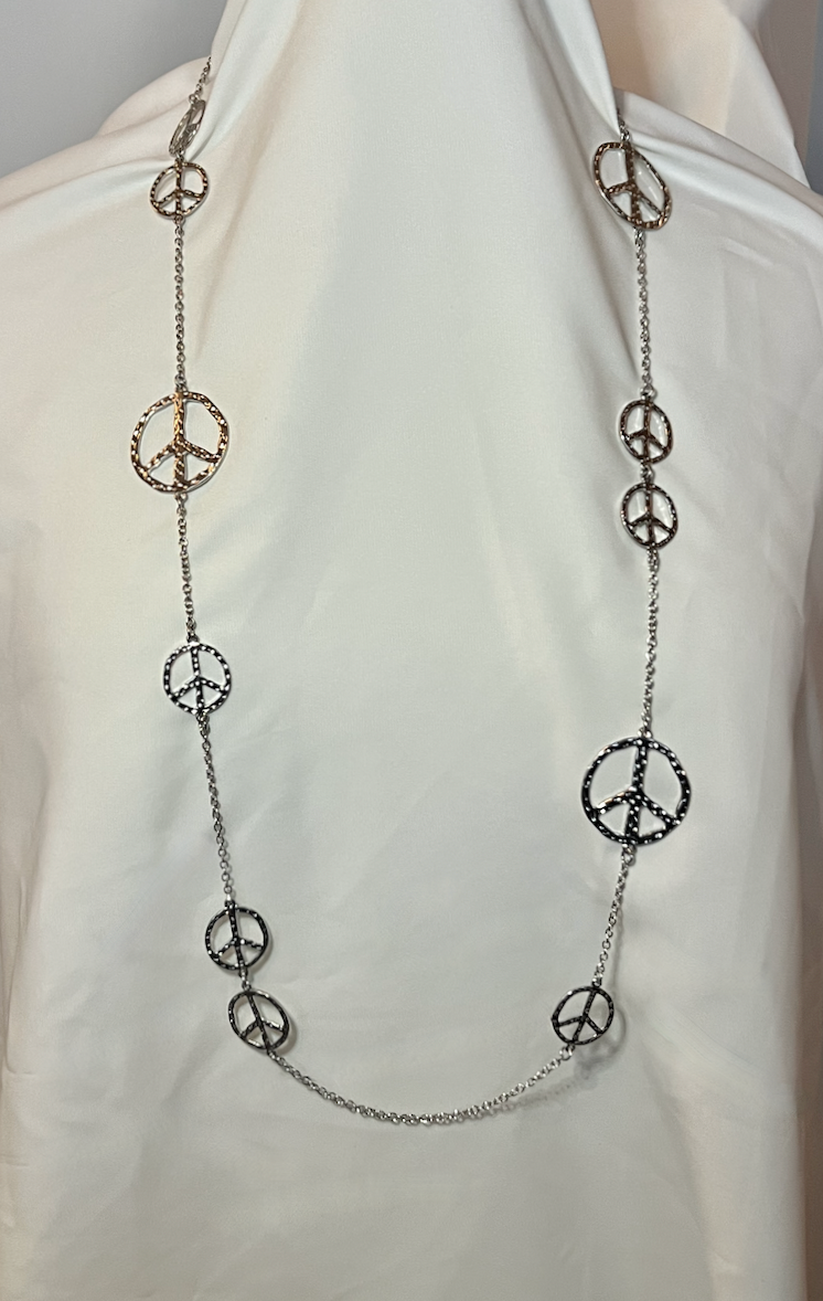 Silver hammered peace signs long silver chain necklace RENTAL