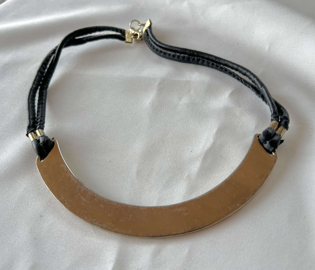 Futuristic wide fixed gold necklace with double black cords RENTAL