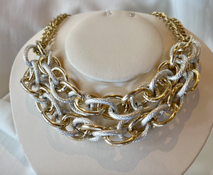 Double chunky chunky gold and silver bib necklace RENTAL