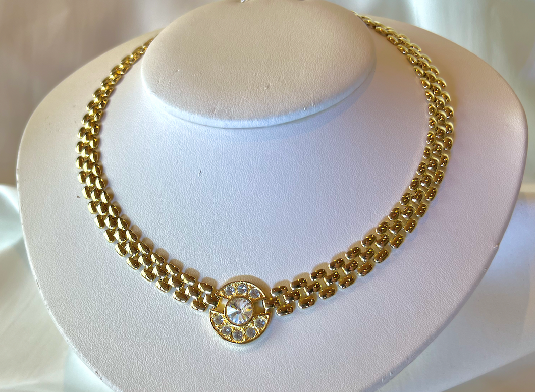 Subtle wide gold band with Rhinestone circle necklace RENTAL