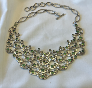 Silver Green swoopy bib with rhinestones fixed necklace RENTAL