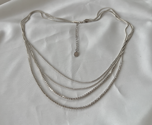 Four layer silver snake chain and rhinestone necklace 24"-26" RENTAL