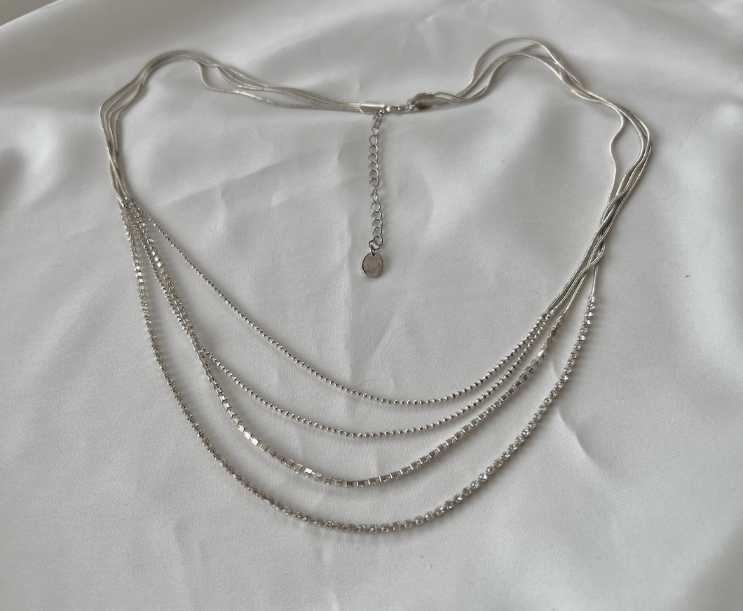 Four layer silver snake chain and rhinestone necklace 24