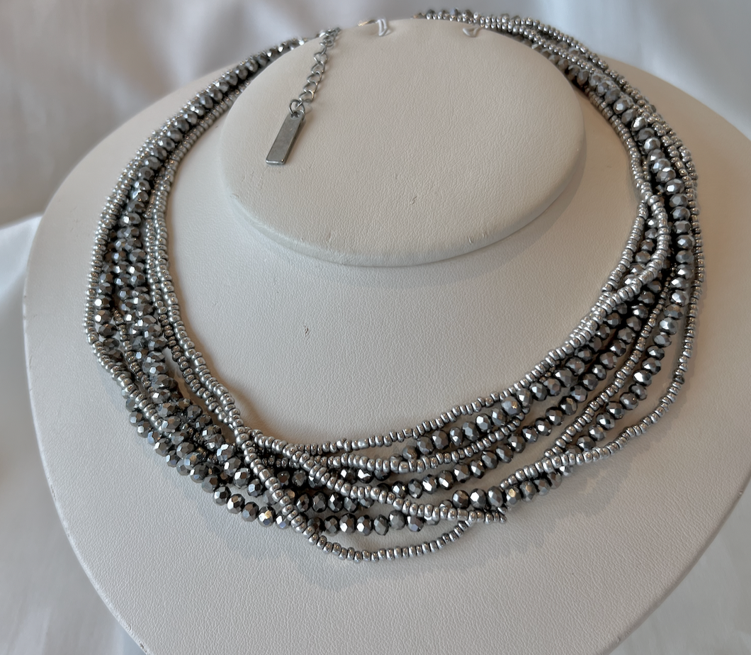 7 Layers of silvery varied beaded strands necklace RENTAL