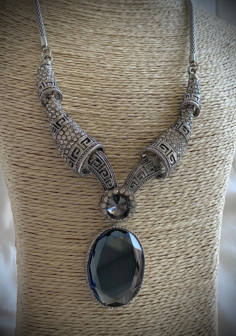 Charcoal/Blue oval stone silver and rhinestone necklace RENTAL