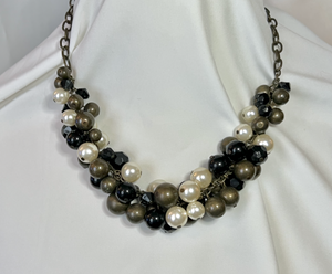 Long pearl cluster bib style necklace, natural grey and black RENTAL