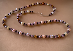 PInk pearls & purple crystals with blackened metal 30"necklace RENTAL