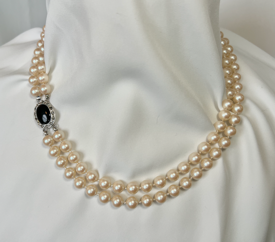 Glass pearl, hand knotted, double drop with lovely clasp necklace RENTAL