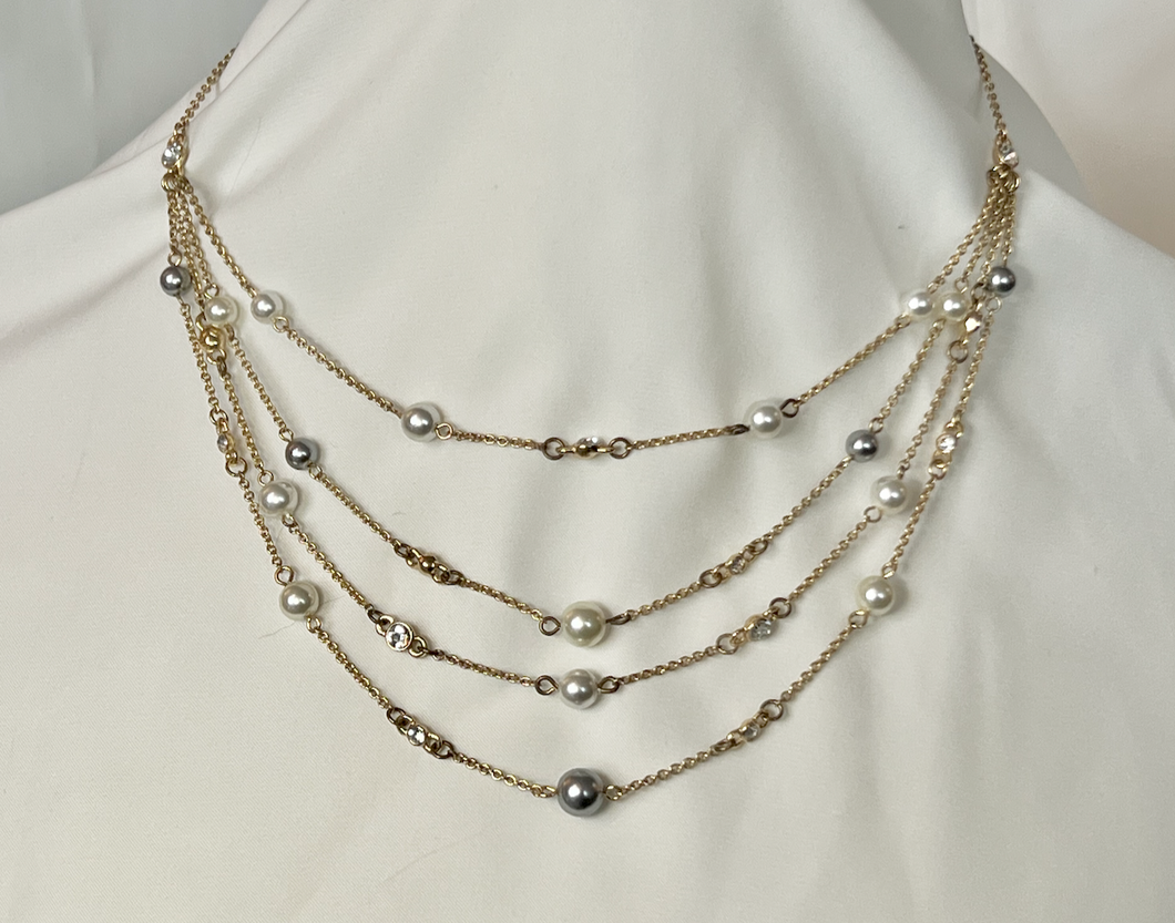 4 strand silver chain necklace dotted w/pearls & faux diamonds RENTAL