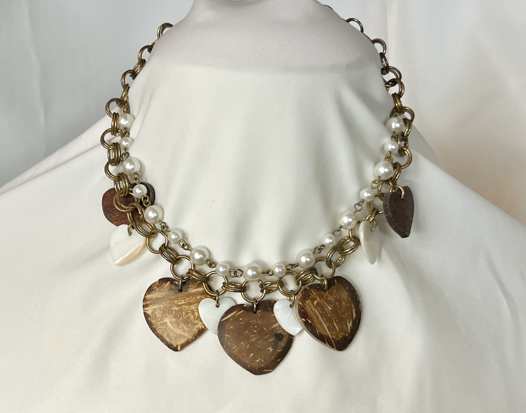 Double necklace double circle link chain with pearls & heart drops RENTAL