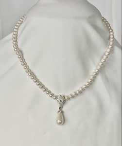 Glass pearl necklace with rhinestone and teardrop pearl accent RENTAL