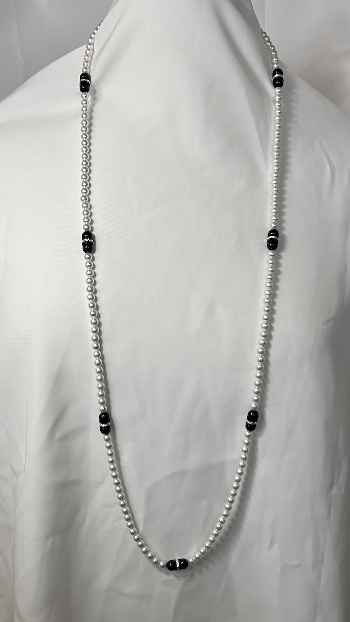 Long, quality, 6mm pearls black & rhinestone spaced necklace RENTAL