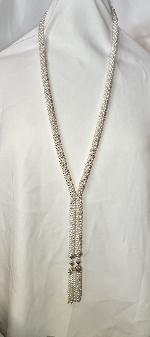 Long flapper style small pearl ropes w metal & pearl tassel necklace RENTAL