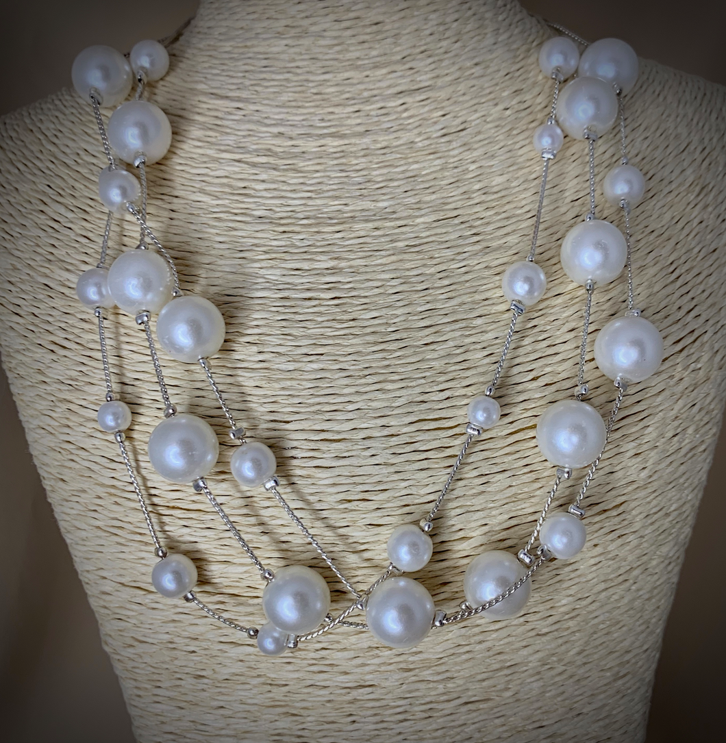 Pearl choker set on think silver chain Triple strand necklace RENTAL