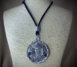 Egyptian pharoah pewter circle on black cord necklace RENTAL