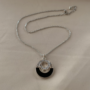 Silver rhinestone & black enamel on circle 18" necklace RENTAL