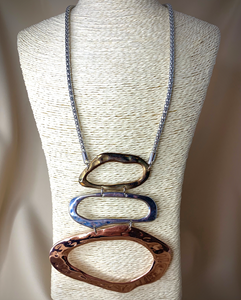 Big open design in copper, silver & brass drops necklace RENTAL