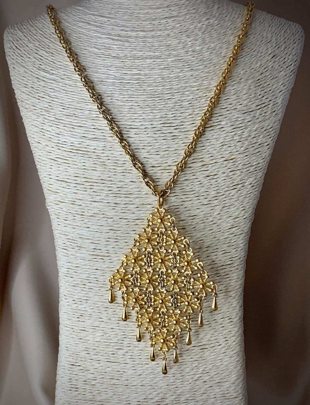 D'Orlan hinged pendant gold w/floral design on double necklace RENTAL