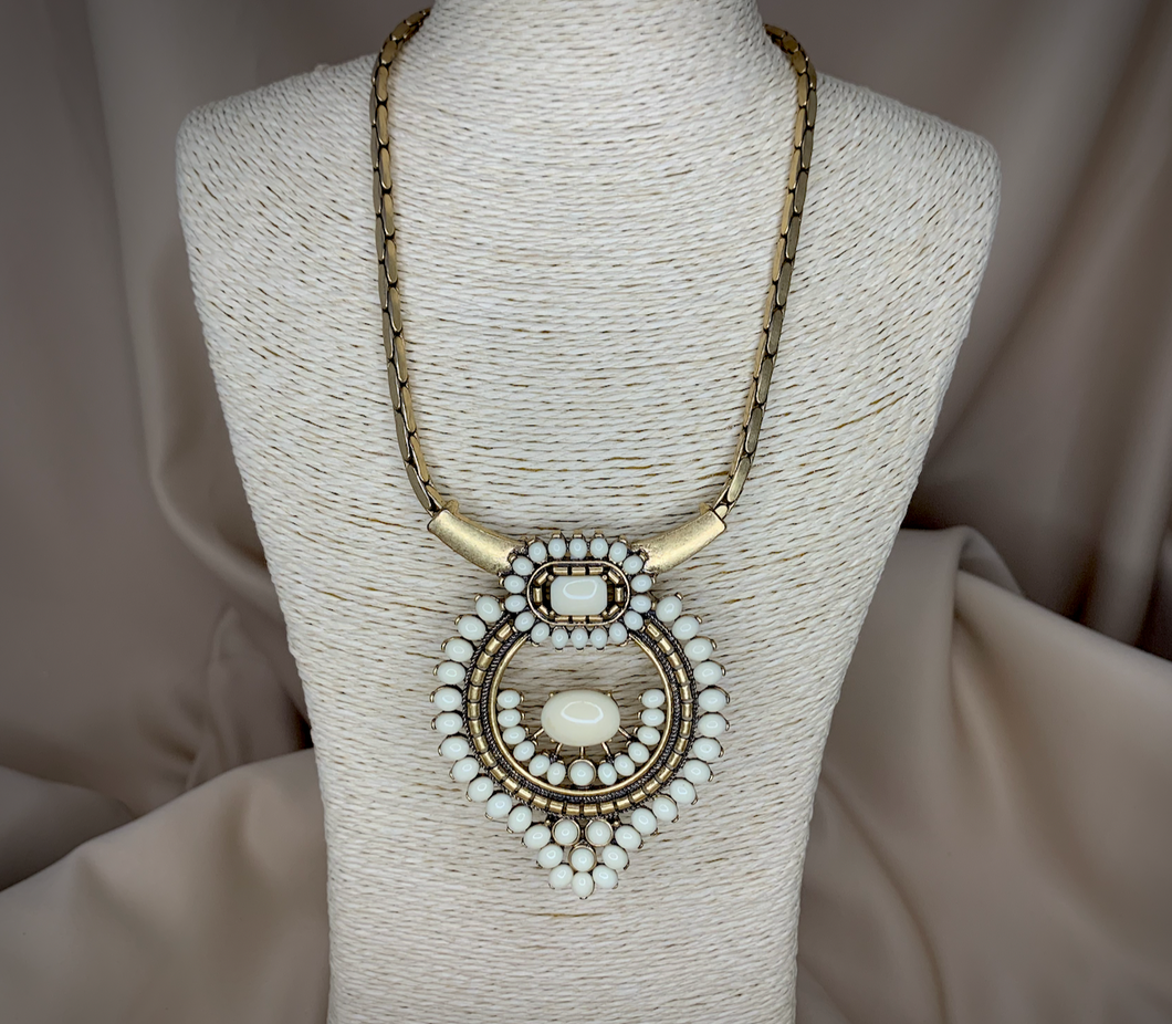 Gold necklace choker to bib ivory gems set in large drop RENTAL