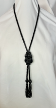 Load image into Gallery viewer, Art deco black glass beaded necklace double knot with tassels RENTAL
