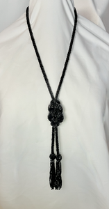 Art deco black glass beaded necklace double knot with tassels RENTAL