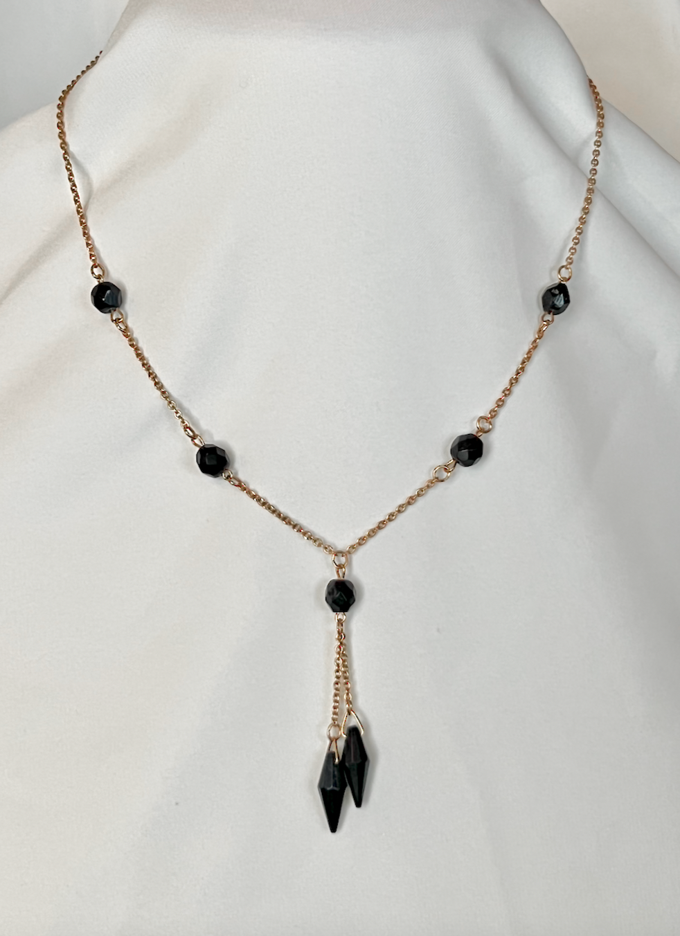 Delicate gold & black glass drop, tassel choker style necklace RENTAL