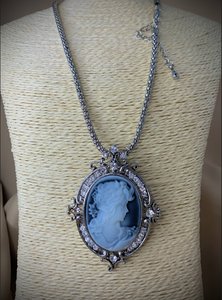 Cameo grey and white set in silver with rhinestone necklace RENTAL