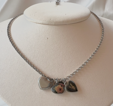 Load image into Gallery viewer, 3 hearts w/ angels, roses, pendant on silver chain necklace RENTAL
