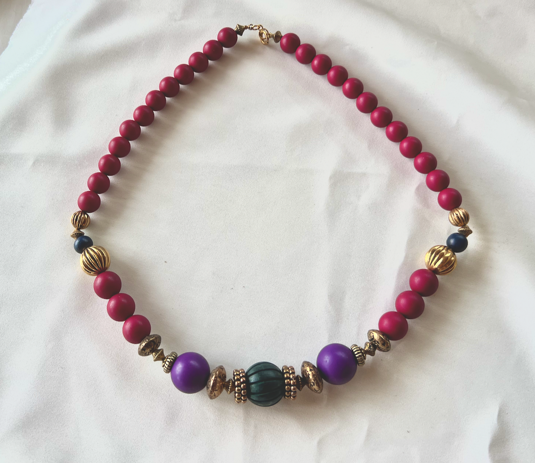 Dark pink big wood round beads w/ purple and green front necklace RENTAL