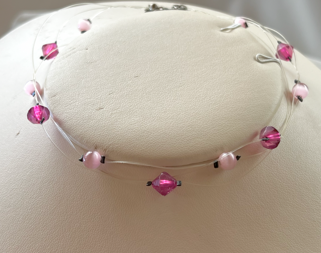 3 wires of Pink tiger eye w/ pink cone beads Choker RENTAL