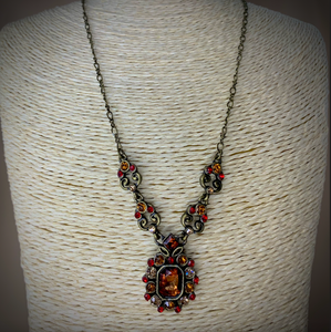 Umber rhinestones w/ red and champagne antique gold necklace RENTAL