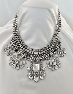 Chunky industrial rhinestone bib necklace silver RENTAL