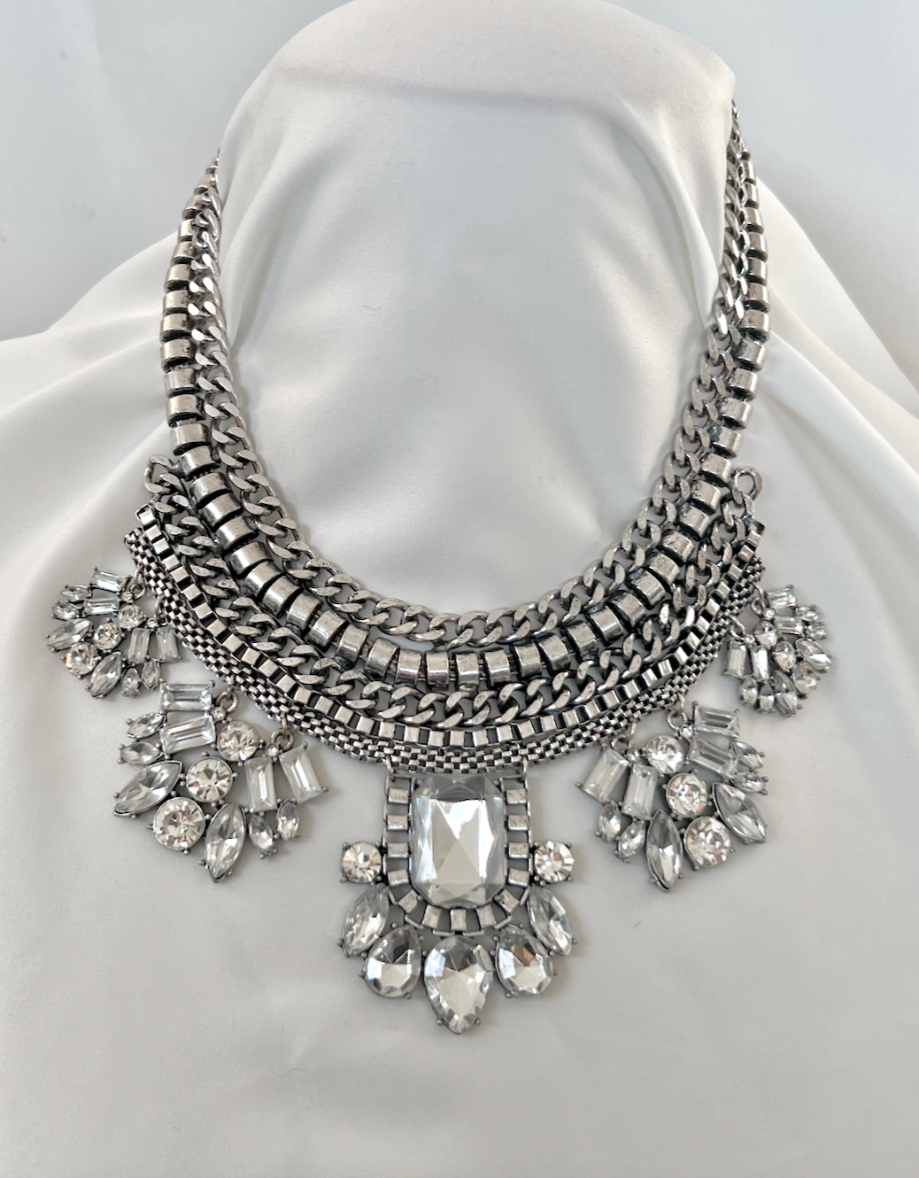 Chunky industrial rhinestone bib necklace silver RENTAL