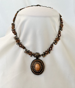 Bronze choker w/flowers & leaves oval detailed drop necklace RENTAL