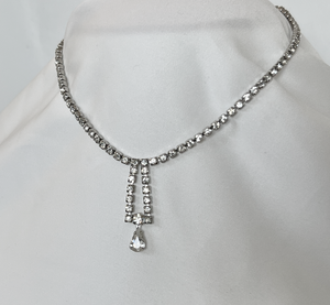 Simple rhinestone choker necklace with rectangle drop 14" RENTAL