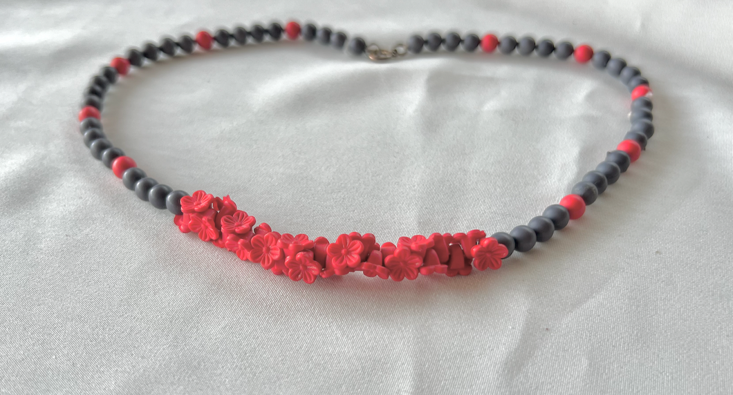 Deep grey w/ warm red clustered floral beads choker RENTAL