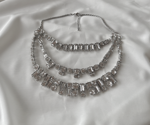 Heavy, graphic 3 layer stunning rhinestone necklace RENTAL