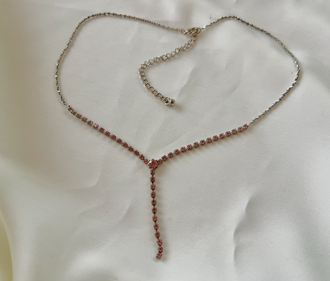 Dainty pink rhinestone necklace single row w/2