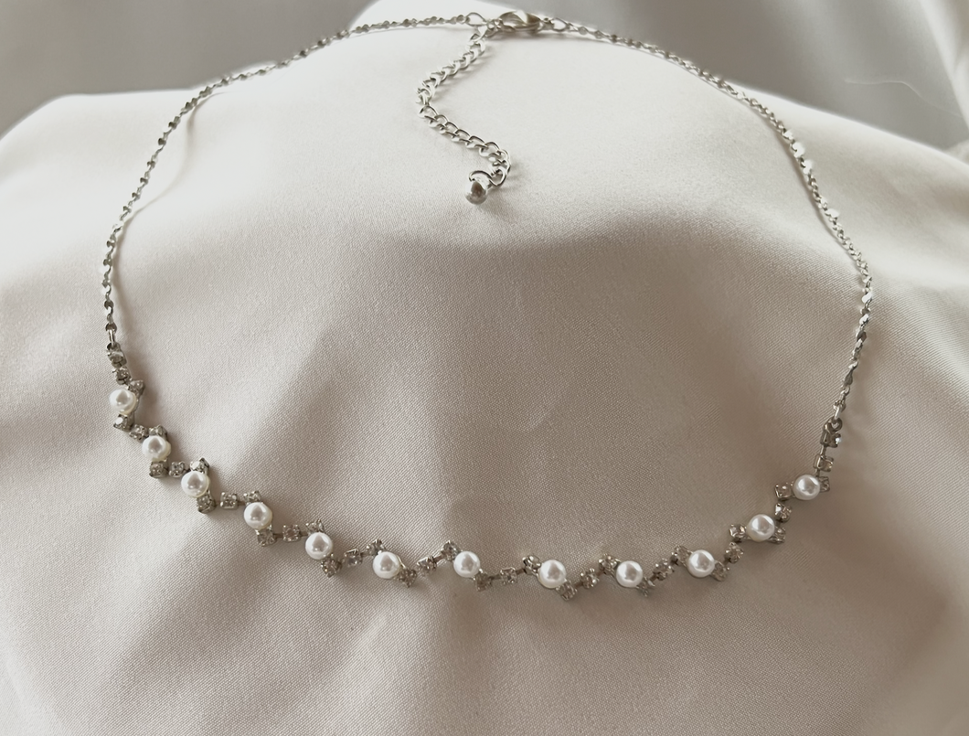 Petite pearl and square white rhinestone choker on silver RENTAL